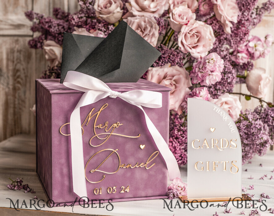 KARTONBOXEN  
 Samtkartenboxen Samtkartenbox Gästebuch & Schild, Hochzeitskartenbox mit Deckel, Sofort Instax Gästebuch, Mauve Hochzeitsgeldbox Sing Gästebuch Set, Mauve Kartenbox mit slo