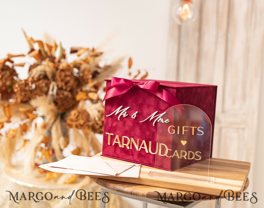 KARTONBOXEN  
 Samtkartenboxen Burgunder Karte Box & Acryl-Schild, Bordeaux Hochzeitskartenbox mit Deckel, Marsala Hochzeitskasse, Hochzeitskartenbox mit Schlitz, Karten & Geschenkbogen-Acrylschild-Set