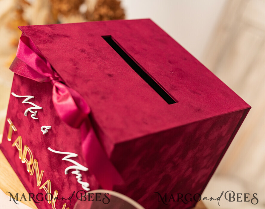 KARTONBOXEN  
 Samtkartenboxen Burgunder Karte Box & Acryl-Schild, Bordeaux Hochzeitskartenbox mit Deckel, Marsala Hochzeitskasse, Hochzeitskartenbox mit Schlitz, Karten & Geschenkbogen-Acrylschild-Set