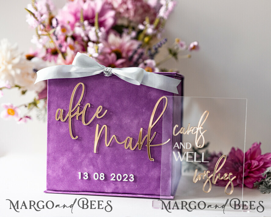KARTONBOXEN  
 Samtkartenboxen Geschenkkartenbox & Karten mit guten Wünschen Set, Samt Lila Hochzeitswunschbrunnen Geldgeschenkkartenbox, personalisierte Hochzeitskartenbox, luxuriöse Kartenbox, Hochzeitskartenbox mit Deckel, Hochzeitsgeldbox, Hochzeitskartenbox