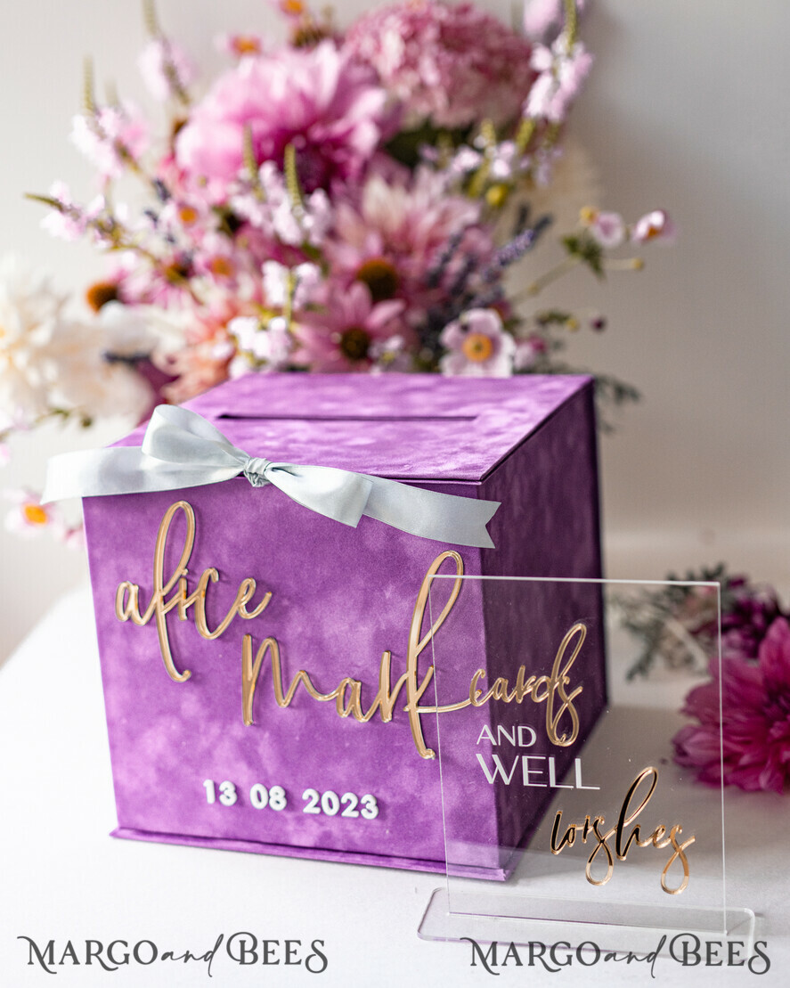 KARTONBOXEN  
 Samtkartenboxen Geschenkkartenbox & Karten mit guten Wünschen Set, Samt Lila Hochzeitswunschbrunnen Geldgeschenkkartenbox, personalisierte Hochzeitskartenbox, luxuriöse Kartenbox, Hochzeitskartenbox mit Deckel, Hochzeitsgeldbox, Hochzeitskartenbox