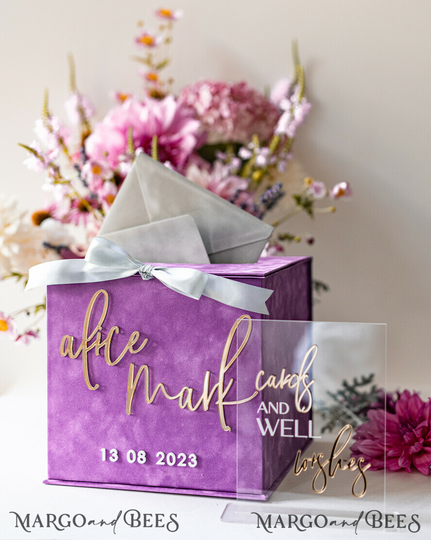 KARTONBOXEN  
 Samtkartenboxen Geschenkkartenbox & Karten mit guten Wünschen Set, Samt Lila Hochzeitswunschbrunnen Geldgeschenkkartenbox, personalisierte Hochzeitskartenbox, luxuriöse Kartenbox, Hochzeitskartenbox mit Deckel, Hochzeitsgeldbox, Hochzeitskartenbox