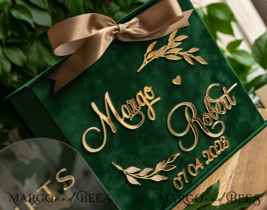 KARTONBOXEN  
 Samtkartenboxen Geschenkkartenbox & Bogen-Schild-Set, Samtgrünes Hochzeitswunschbrunnen-Geschenkkartenbox, Personalisierte Hochzeitskartenbox, Grünluxus