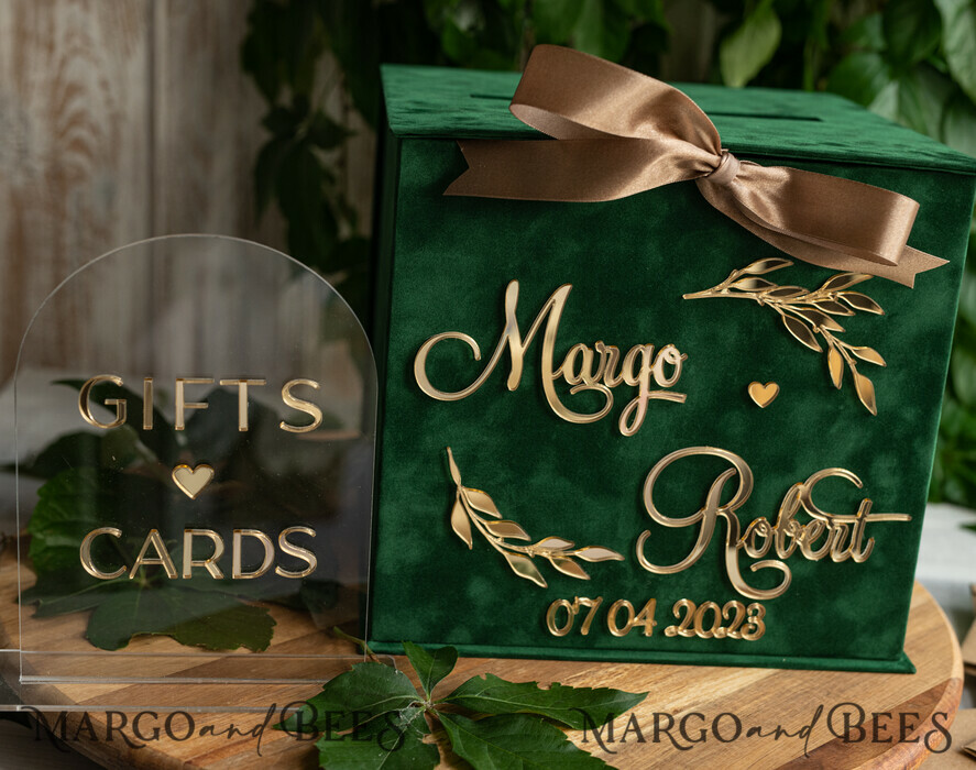 KARTONBOXEN  
 Samtkartenboxen Geschenkkartenbox & Bogen-Schild-Set, Samtgrünes Hochzeitswunschbrunnen-Geschenkkartenbox, Personalisierte Hochzeitskartenbox, Grünluxus