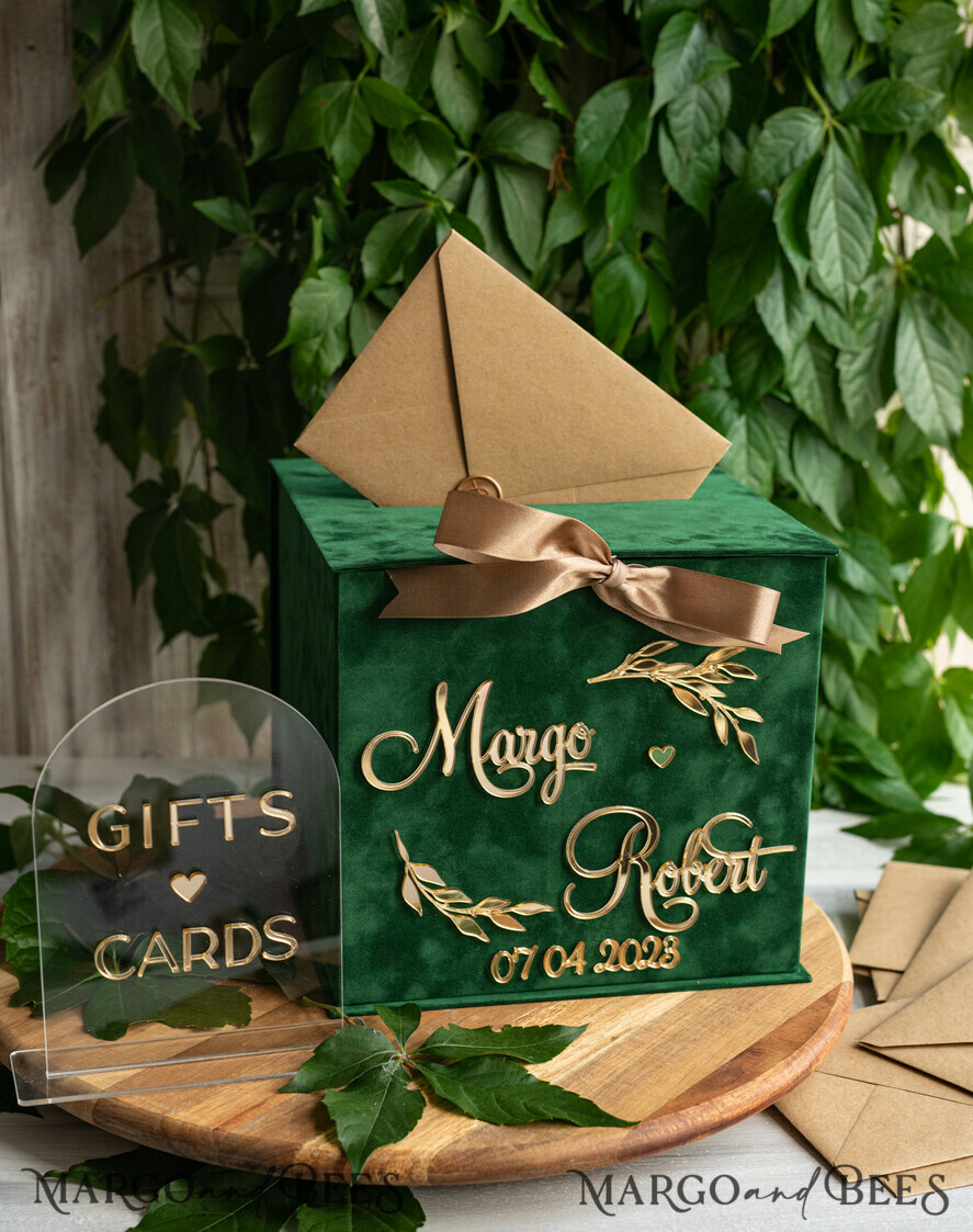 KARTONBOXEN  
 Samtkartenboxen Geschenkkartenbox & Bogen-Schild-Set, Samtgrünes Hochzeitswunschbrunnen-Geschenkkartenbox, Personalisierte Hochzeitskartenbox, Grünluxus