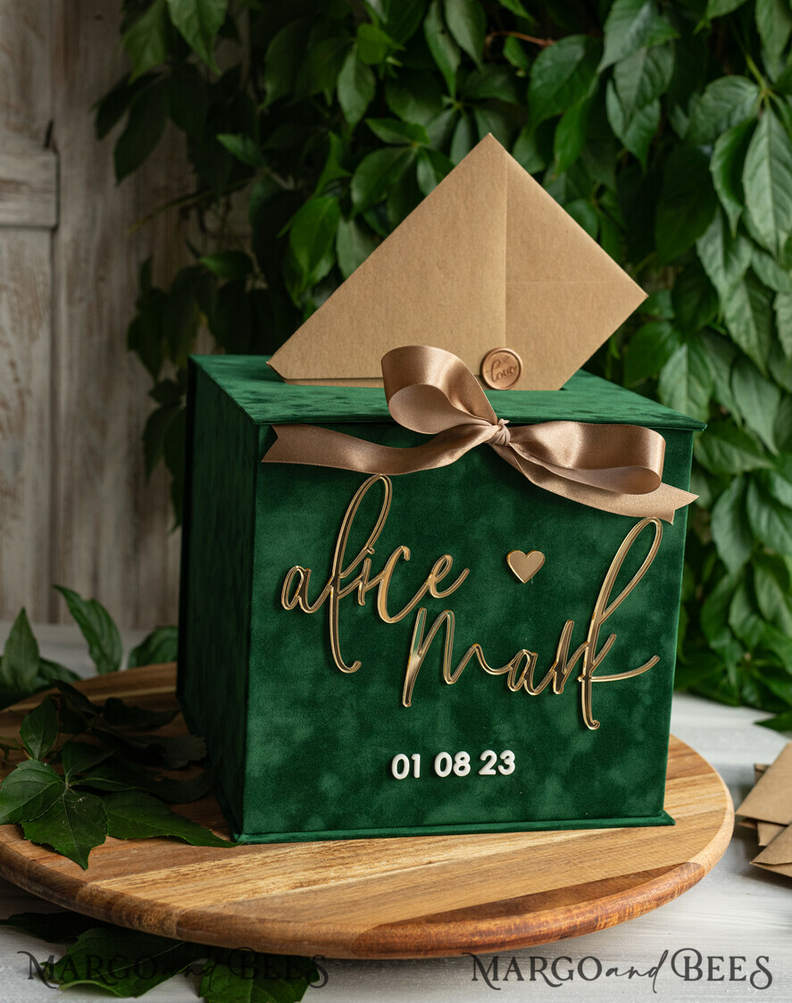 KARTONBOXEN  
 Samtkartenboxen Geschenkkartenbox & Schildset, Samtgrüne Hochzeitswunschbrunnen-Geschenkkartenbox, personalisierte Hochzeitskartenbox, luxuriöse Kartenbox mit Grünpflanzen, Hochzeitskartenbox mit Deckel, smaragdgrüne Hochzeitsgeldbox, Gartenhochzeitskartenbox.