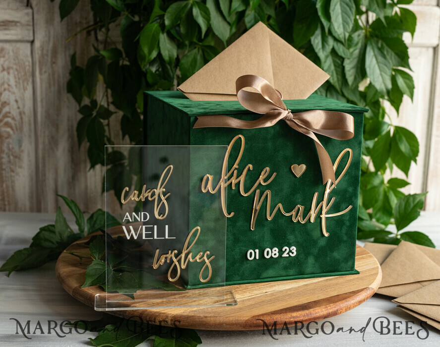 KARTONBOXEN  
 Samtkartenboxen Geschenkkartenbox & Schildset, Samtgrüne Hochzeitswunschbrunnen-Geschenkkartenbox, personalisierte Hochzeitskartenbox, luxuriöse Kartenbox mit Grünpflanzen, Hochzeitskartenbox mit Deckel, smaragdgrüne Hochzeitsgeldbox, Gartenhochzeitskartenbox.