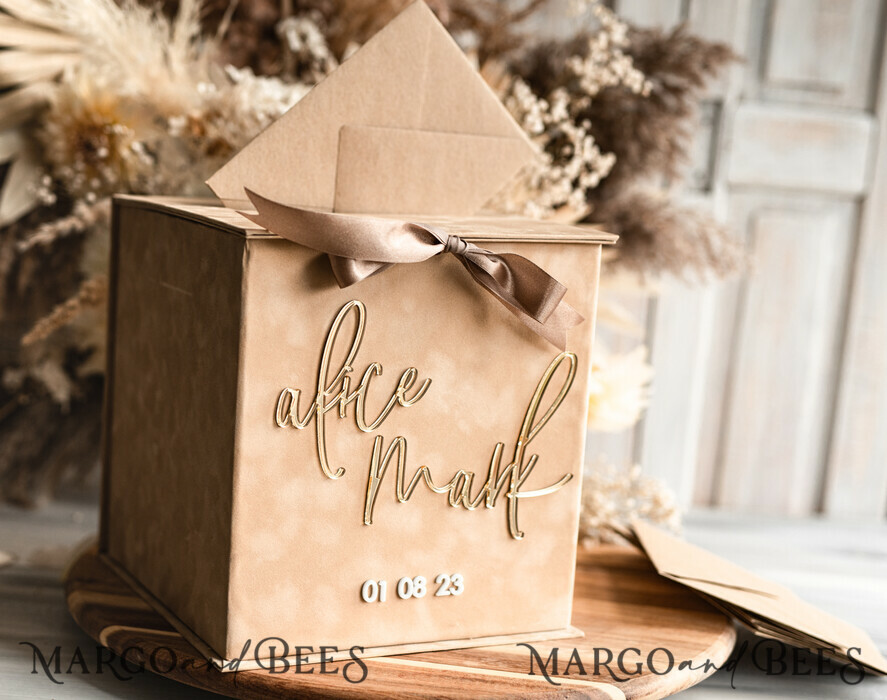 KARTONBOXEN  
 Samtkartenboxen Geschenkkartenbox, samtbeige Hochzeitswunschbox für Geldgeschenkkarten, personalisierte Hochzeitskartenbox, Luxus-Kartenbox, Hochzeitskartenbox mit Deckel, Hochzeitsgeldbox, Hochzeitskartenbox.