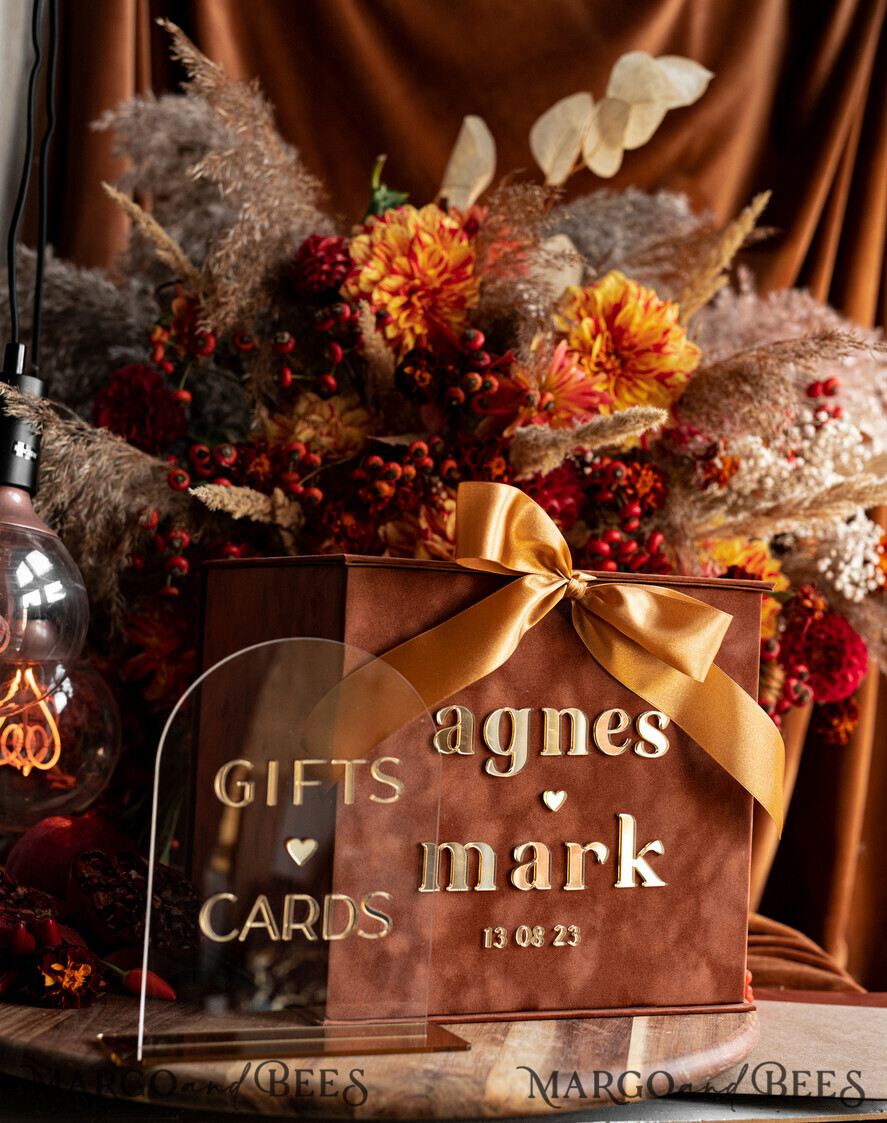 KARTONBOXEN  
 Samtkartenboxen Terracotta Fall Card Box und Arch Acrylkarten & Geschenke Clear Sign, Samt Rost Hochzeitskartenbox mit Deckel, verbranntes Orange Hochzeitsgeldbox, Kupfer Hochzeitskartenbox Karten und Geschenkbogen Acrylsignset