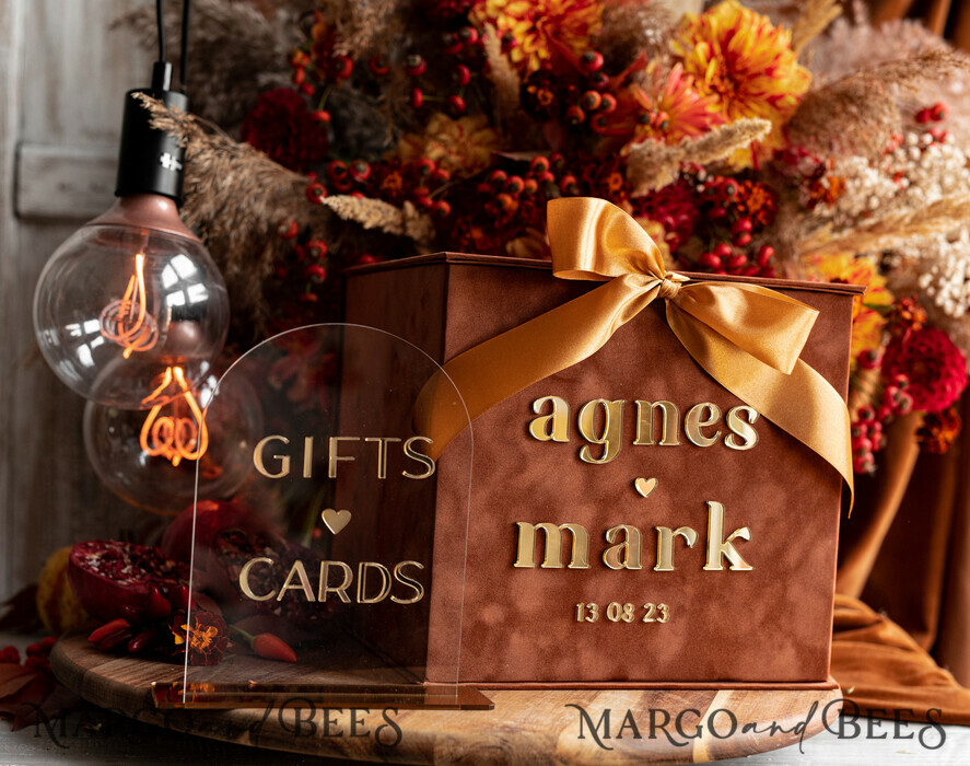 KARTONBOXEN  
 Samtkartenboxen Terracotta Fall Card Box und Arch Acrylkarten & Geschenke Clear Sign, Samt Rost Hochzeitskartenbox mit Deckel, verbranntes Orange Hochzeitsgeldbox, Kupfer Hochzeitskartenbox Karten und Geschenkbogen Acrylsignset