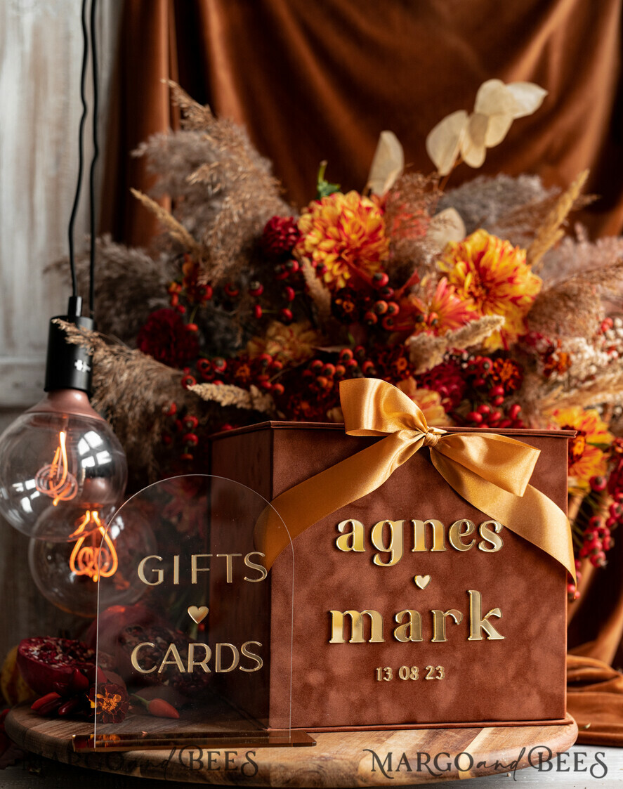 KARTONBOXEN  
 Samtkartenboxen Terracotta Fall Card Box und Arch Acrylkarten & Geschenke Clear Sign, Samt Rost Hochzeitskartenbox mit Deckel, verbranntes Orange Hochzeitsgeldbox, Kupfer Hochzeitskartenbox Karten und Geschenkbogen Acrylsignset
