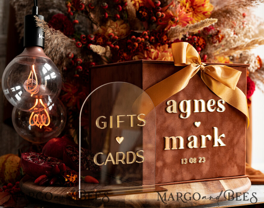 KARTONBOXEN  
 Samtkartenboxen Terracotta Fall Card Box und Arch Acrylkarten & Geschenke Clear Sign, Samt Rost Hochzeitskartenbox mit Deckel, verbranntes Orange Hochzeitsgeldbox, Kupfer Hochzeitskartenbox Karten und Geschenkbogen Acrylsignset