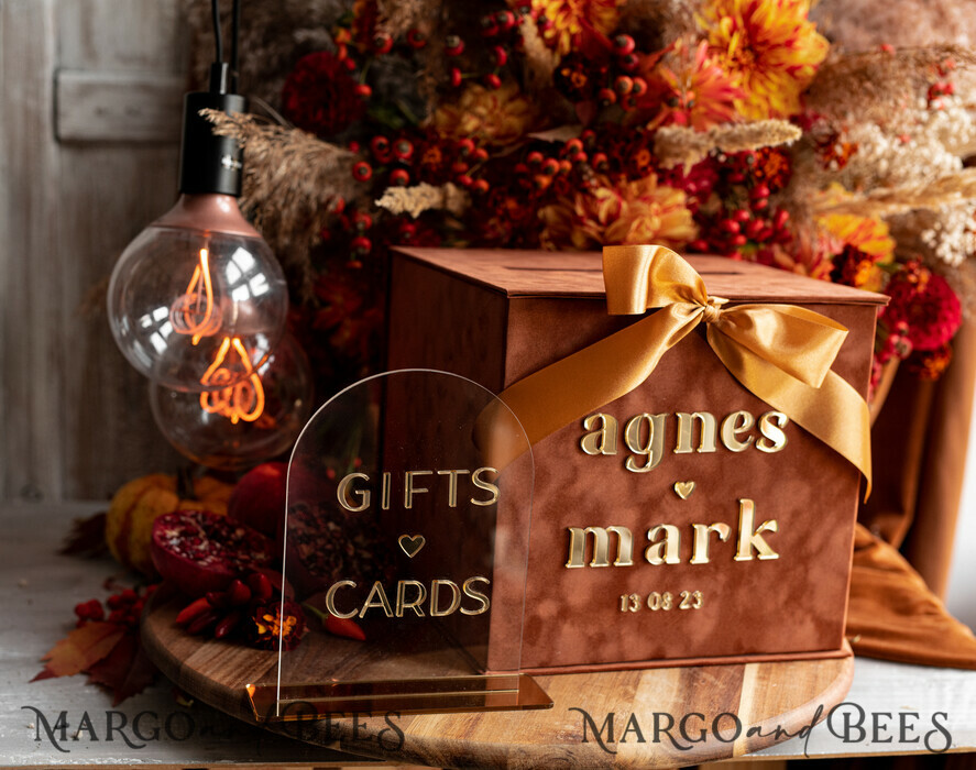 KARTONBOXEN  
 Samtkartenboxen Terracotta Fall Card Box und Arch Acrylkarten & Geschenke Clear Sign, Samt Rost Hochzeitskartenbox mit Deckel, verbranntes Orange Hochzeitsgeldbox, Kupfer Hochzeitskartenbox Karten und Geschenkbogen Acrylsignset