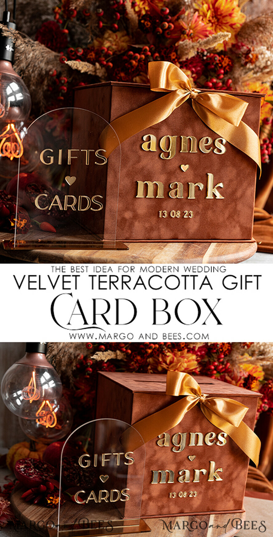 KARTONBOXEN  
 Samtkartenboxen Terracotta Fall Card Box und Arch Acrylkarten & Geschenke Clear Sign, Samt Rost Hochzeitskartenbox mit Deckel, verbranntes Orange Hochzeitsgeldbox, Kupfer Hochzeitskartenbox Karten und Geschenkbogen Acrylsignset