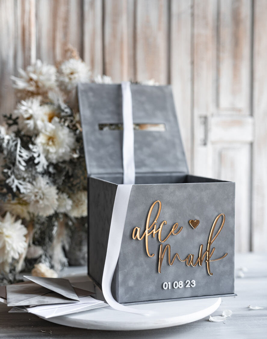KARTONBOXEN  
 Samtkartenboxen Geschenkkartenbox & Schild Set, Samtgraue Hochzeitswunschbrunnen-Geschenkkartenbox, Personalisierte Hochzeitskartenbox, Graue Luxus-Kartenbox, Hochzeitskartenbox mit Deckel, Graue Hochzeitsgeldbox, Hochzeitskartenbox