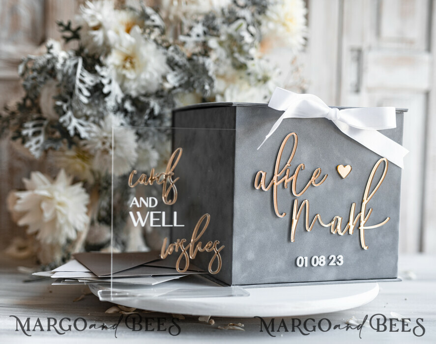 KARTONBOXEN  
 Samtkartenboxen Geschenkkartenbox & Schild Set, Samtgraue Hochzeitswunschbrunnen-Geschenkkartenbox, Personalisierte Hochzeitskartenbox, Graue Luxus-Kartenbox, Hochzeitskartenbox mit Deckel, Graue Hochzeitsgeldbox, Hochzeitskartenbox