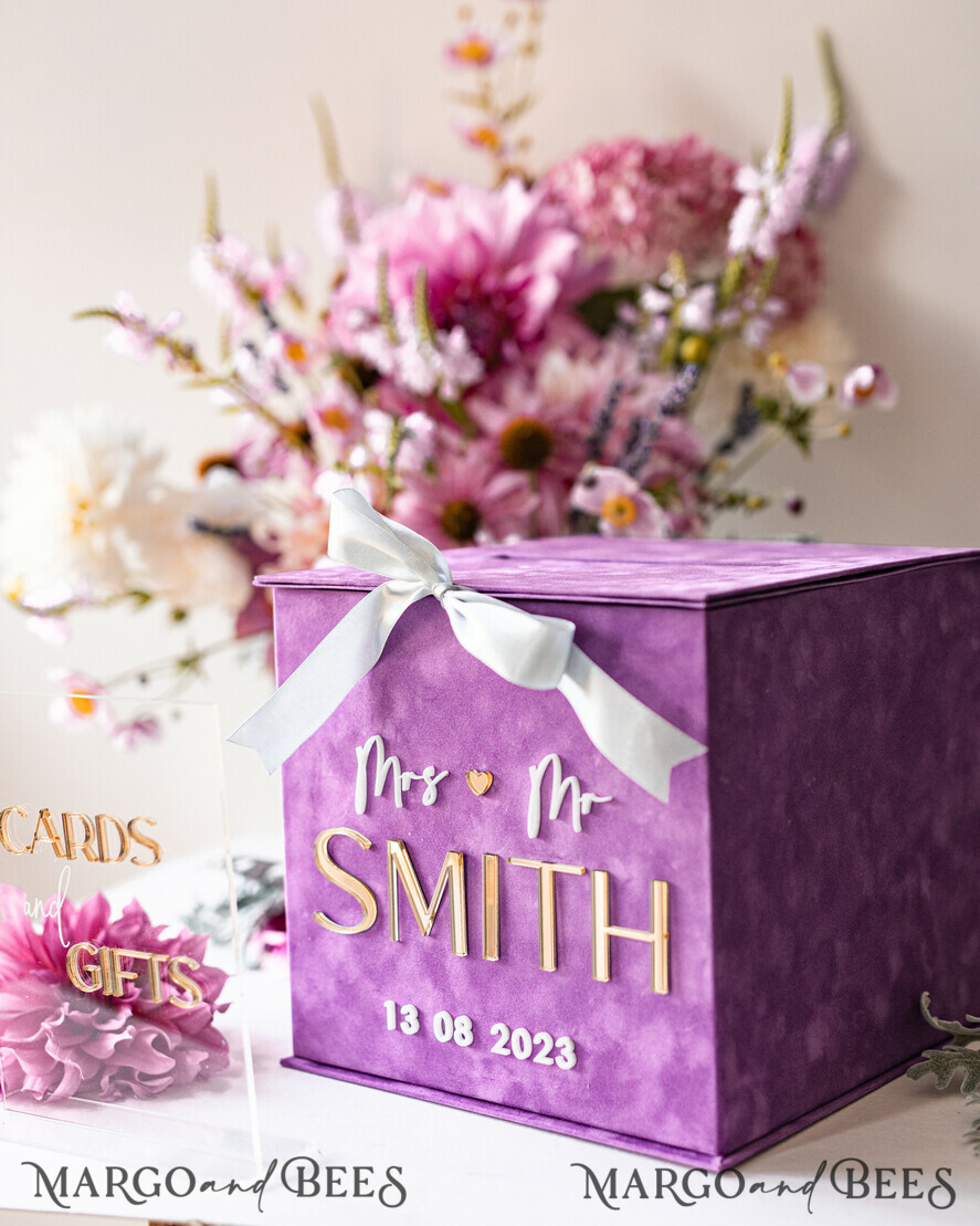KARTONBOXEN  
 Samtkartenboxen Geschenkkartenbox & Karten, Set mit Karten & Geschenken, Samt lila Hochzeitswunschbrunnen Geldgeschenkkartenbox, personalisierte Hochzeitskartenbox, Luxus-Kartenbox, Hochzeitskartenbox mit Deckel, Hochzeitsgeldbox, Hochzeitskartenbox.
