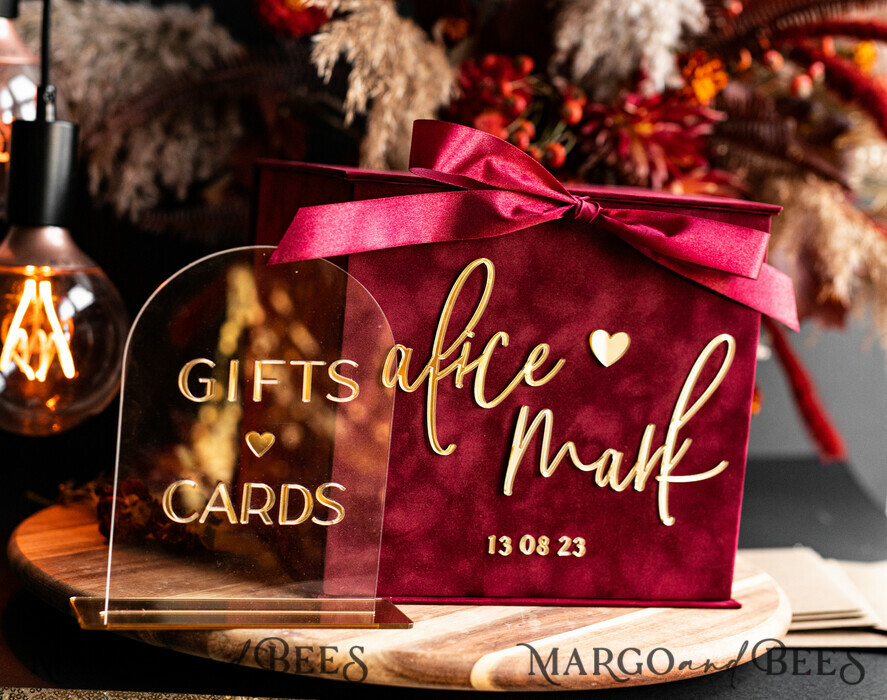 KARTONBOXEN  
 Samtkartenboxen Burgunder Karte Box, Kastanienbraune Hochzeitskarte Box mit Deckel, Marsala Hochzeitsgeldbox, Hochzeitskarte Box mit Schlitz, Karten & Geschenk Acryl-Schild Set