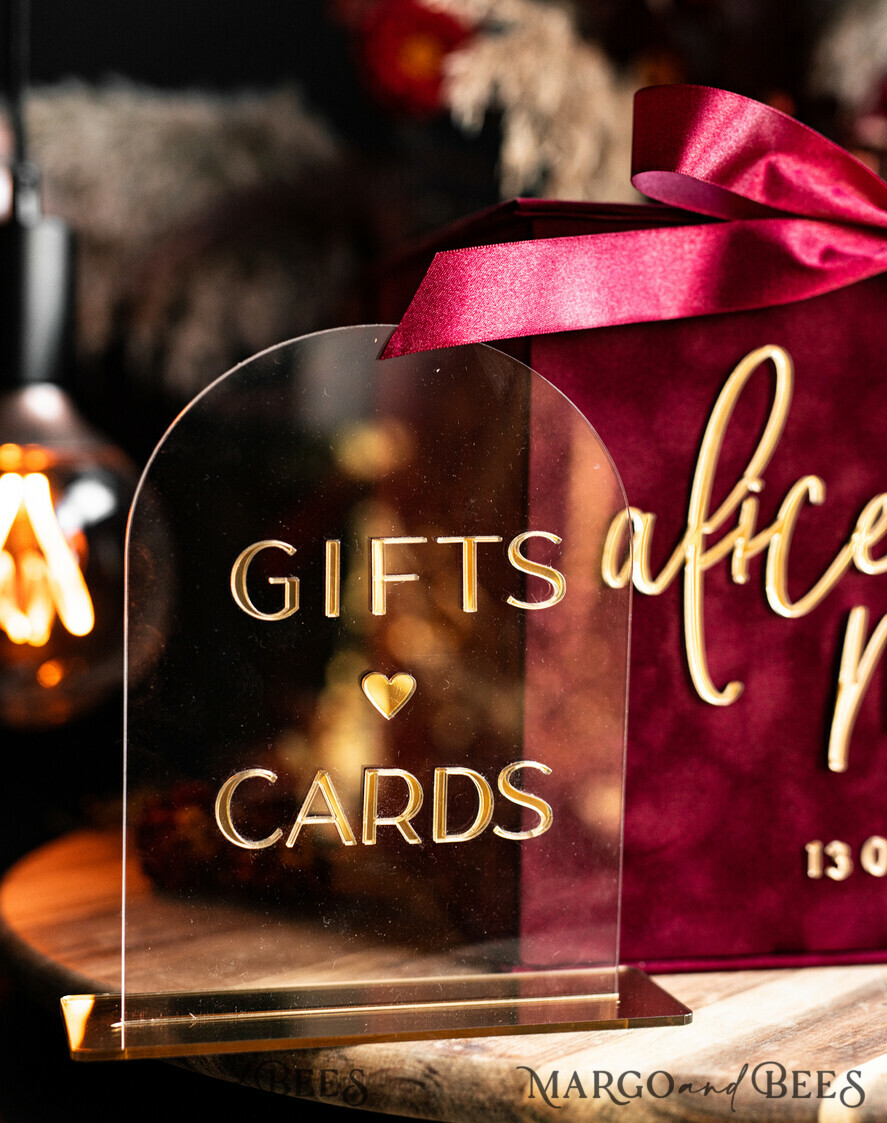 KARTONBOXEN  
 Samtkartenboxen Burgunder Karte Box, Kastanienbraune Hochzeitskarte Box mit Deckel, Marsala Hochzeitsgeldbox, Hochzeitskarte Box mit Schlitz, Karten & Geschenk Acryl-Schild Set