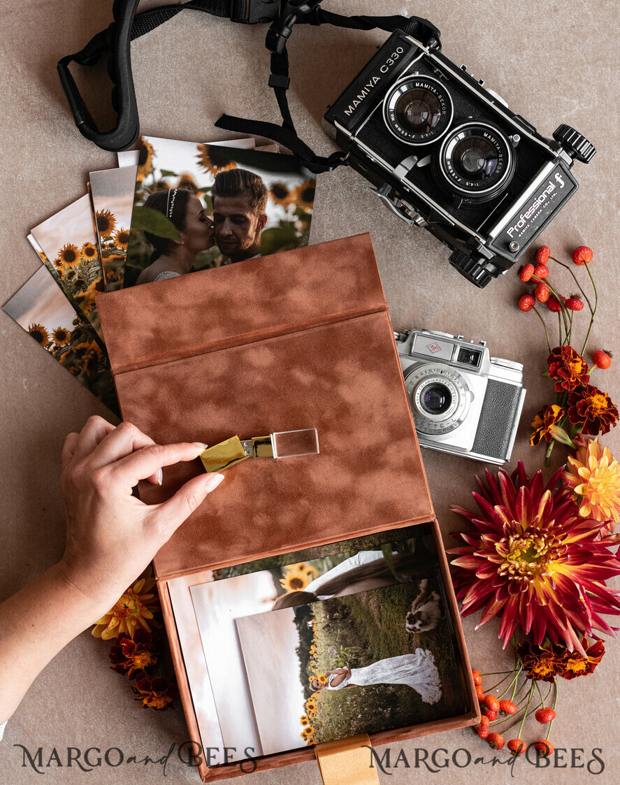 FOTOALBUM/ FOTOBOX Velvet Foto Box Fotografen Box Terrakotta Samt Fotobox Fotografenbox Hochzeitsgedächtnisbox, verbranntes Orange maßgeschneiderte Erinnerungsbox, Rost Fotograf Geschenke für Kunden, Hochzeitsbilder Verpackung, maßgeschneiderte Fotografie Kupferbox
