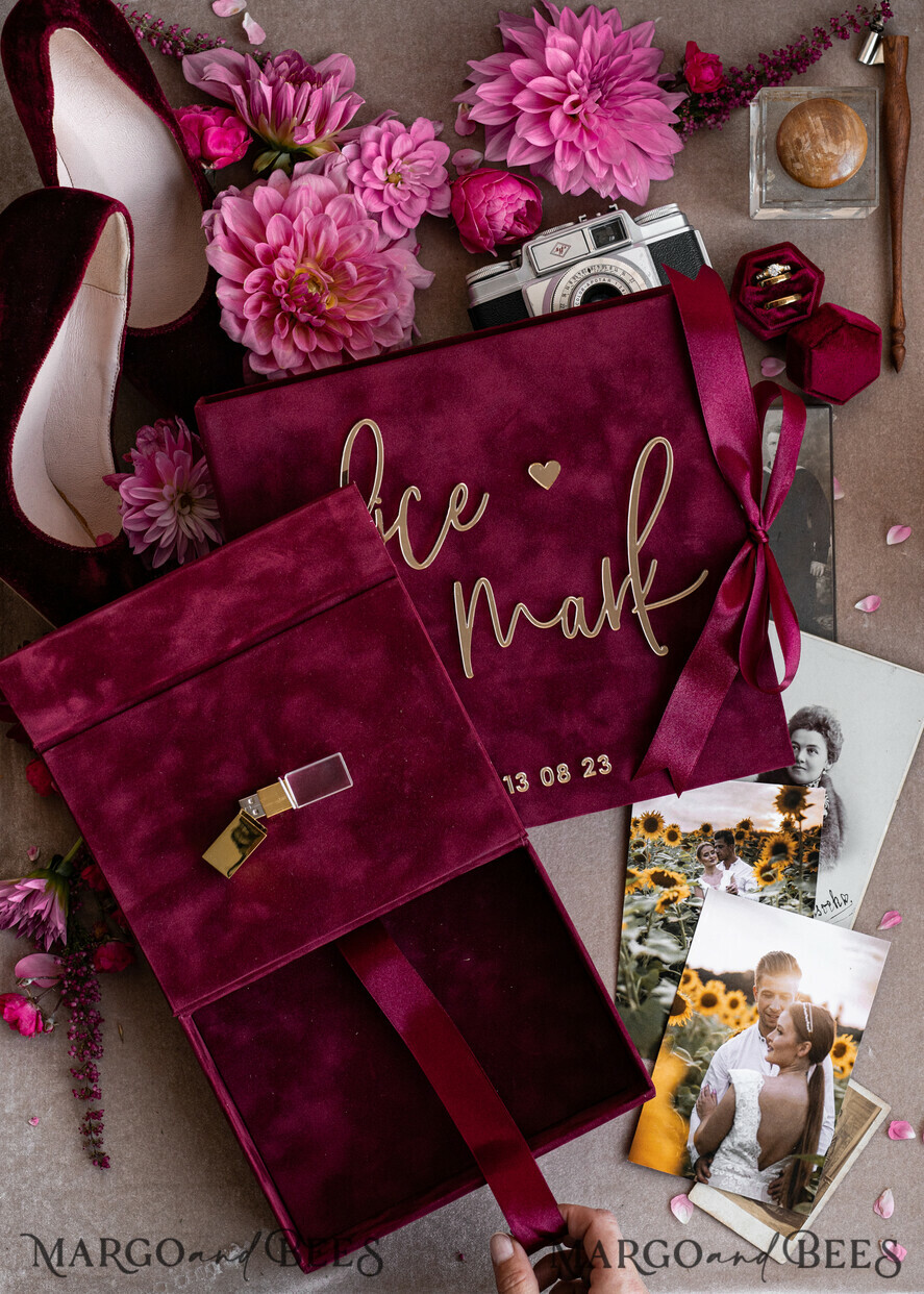 FOTOALBUM/ FOTOBOX Velvet Foto Box Fotografen Box Erinnerungsbundle Burgunder Samt Fotokästen Set aus 2, große kastanienbraune Fotografenbox, reguläre Marsala Gold Hochzeitsgedächtnisbox, goldener Spiegel personalisierte Andenkenbox, Fotografengeschenke für Kunden, Hochzeitsbilderverpackung, personalisierte Fotografie Kupferbox.