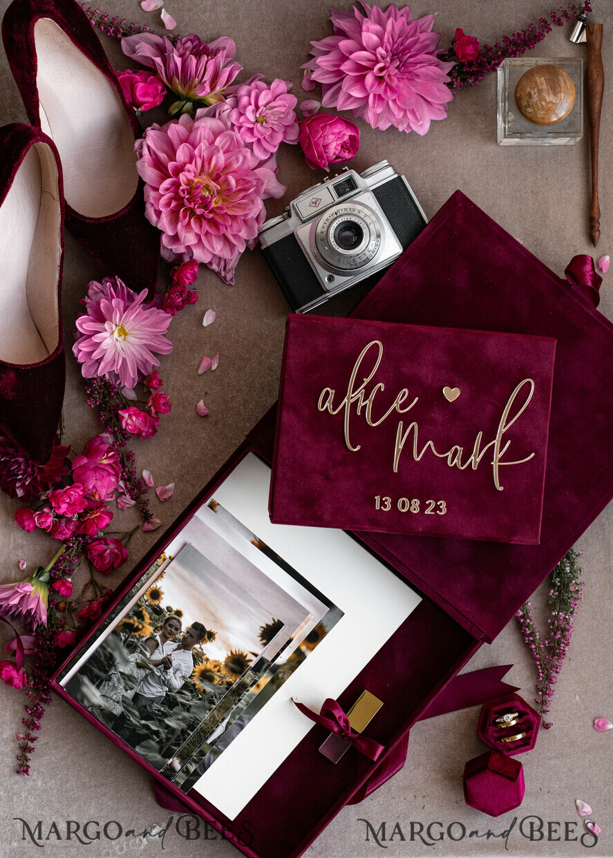 FOTOALBUM/ FOTOBOX Velvet Foto Box Fotografen Box Erinnerungsbundle Burgunder Samt Fotokästen Set aus 2, große kastanienbraune Fotografenbox, reguläre Marsala Gold Hochzeitsgedächtnisbox, goldener Spiegel personalisierte Andenkenbox, Fotografengeschenke für Kunden, Hochzeitsbilderverpackung, personalisierte Fotografie Kupferbox.