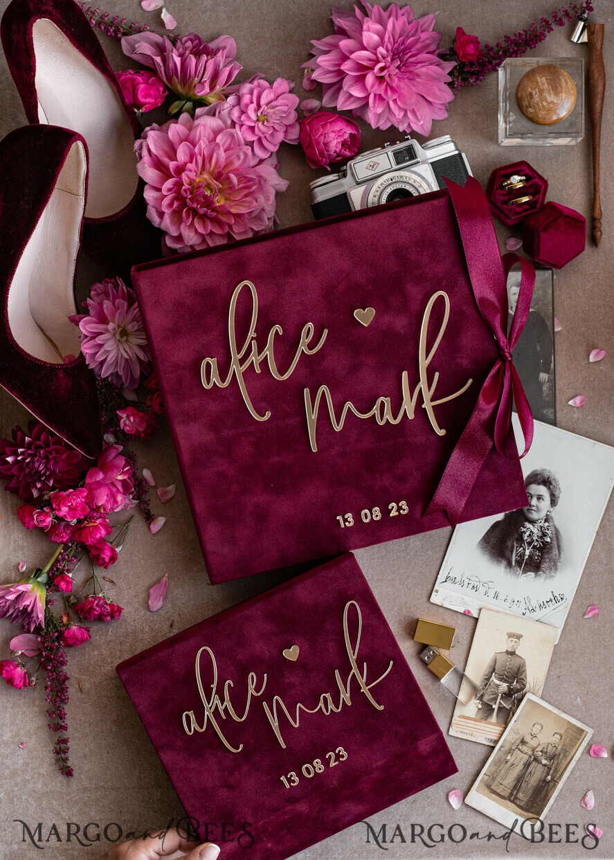 FOTOALBUM/ FOTOBOX Velvet Foto Box Fotografen Box Erinnerungsbundle Burgunder Samt Fotokästen Set aus 2, große kastanienbraune Fotografenbox, reguläre Marsala Gold Hochzeitsgedächtnisbox, goldener Spiegel personalisierte Andenkenbox, Fotografengeschenke für Kunden, Hochzeitsbilderverpackung, personalisierte Fotografie Kupferbox.
