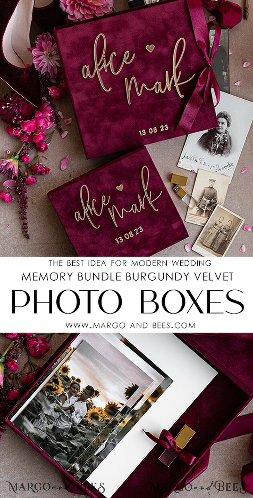 FOTOALBUM/ FOTOBOX Velvet Foto Box Fotografen Box Erinnerungsbundle Burgunder Samt Fotokästen Set aus 2, große kastanienbraune Fotografenbox, reguläre Marsala Gold Hochzeitsgedächtnisbox, goldener Spiegel personalisierte Andenkenbox, Fotografengeschenke für Kunden, Hochzeitsbilderverpackung, personalisierte Fotografie Kupferbox.