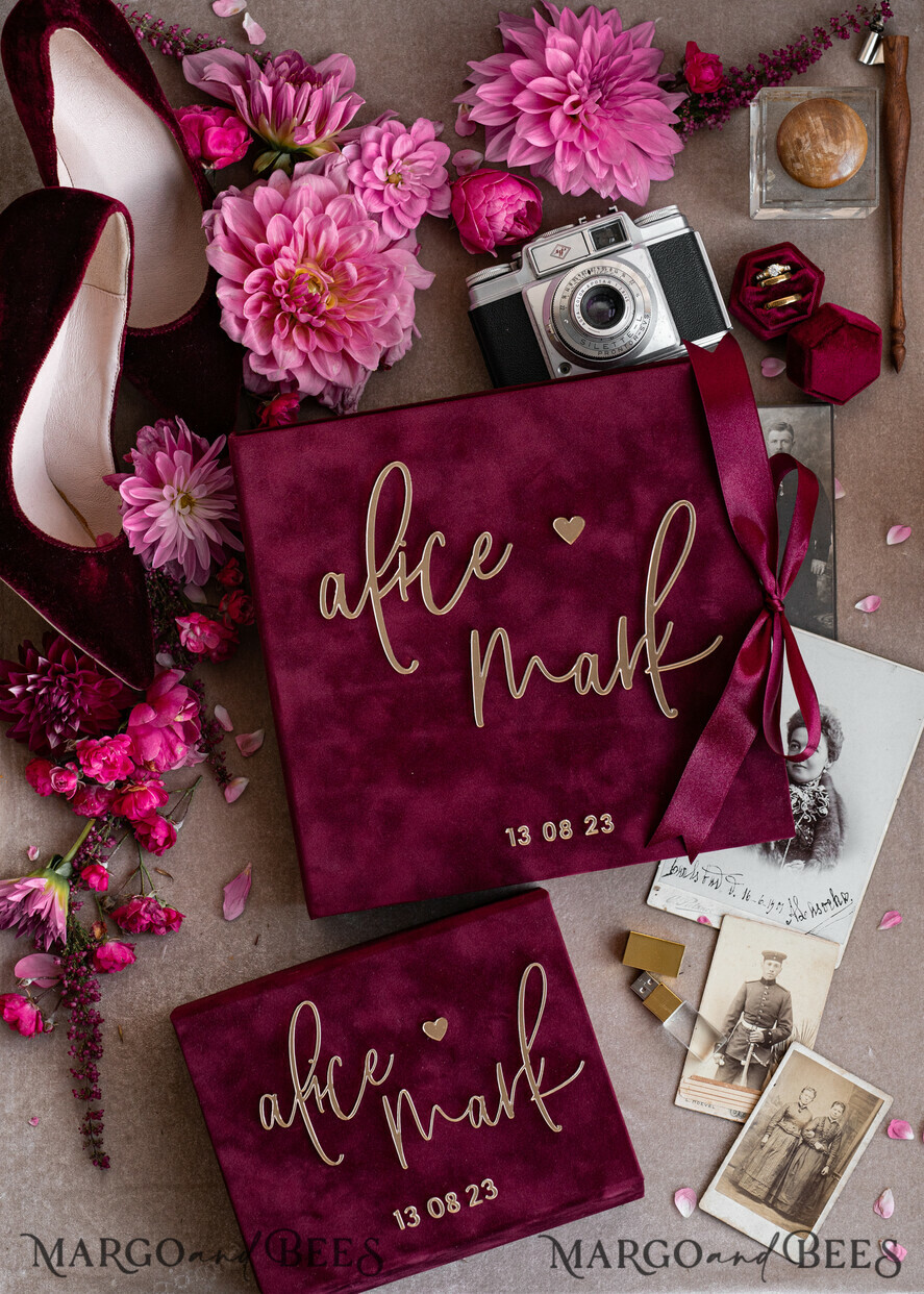 FOTOALBUM/ FOTOBOX Velvet Foto Box Fotografen Box Erinnerungsbundle Burgunder Samt Fotokästen Set aus 2, große kastanienbraune Fotografenbox, reguläre Marsala Gold Hochzeitsgedächtnisbox, goldener Spiegel personalisierte Andenkenbox, Fotografengeschenke für Kunden, Hochzeitsbilderverpackung, personalisierte Fotografie Kupferbox.