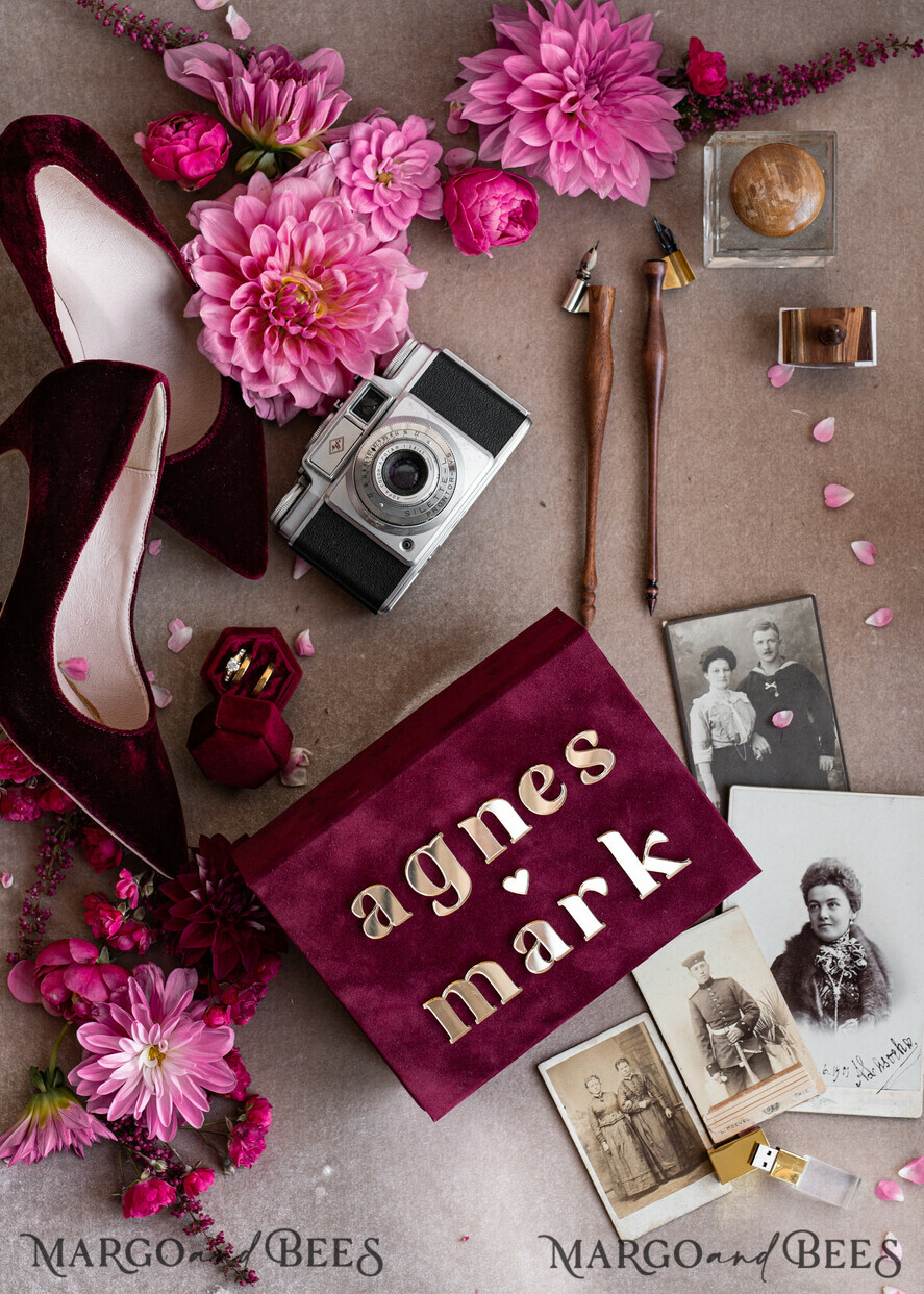 FOTOALBUM/ FOTOBOX Velvet Foto Box Fotografen Box Burgunder Samt Fotokiste, Kastanienbraune Fotografenbox, Marsala Gold Hochzeitsgedächtniskiste, Gold Spiegel maßgeschneiderte Andenkenschachtel, Fotografengeschenke für Kunden, Hochzeitsbilderverpackung, maßgeschneiderte Fotografie Kupferbox.