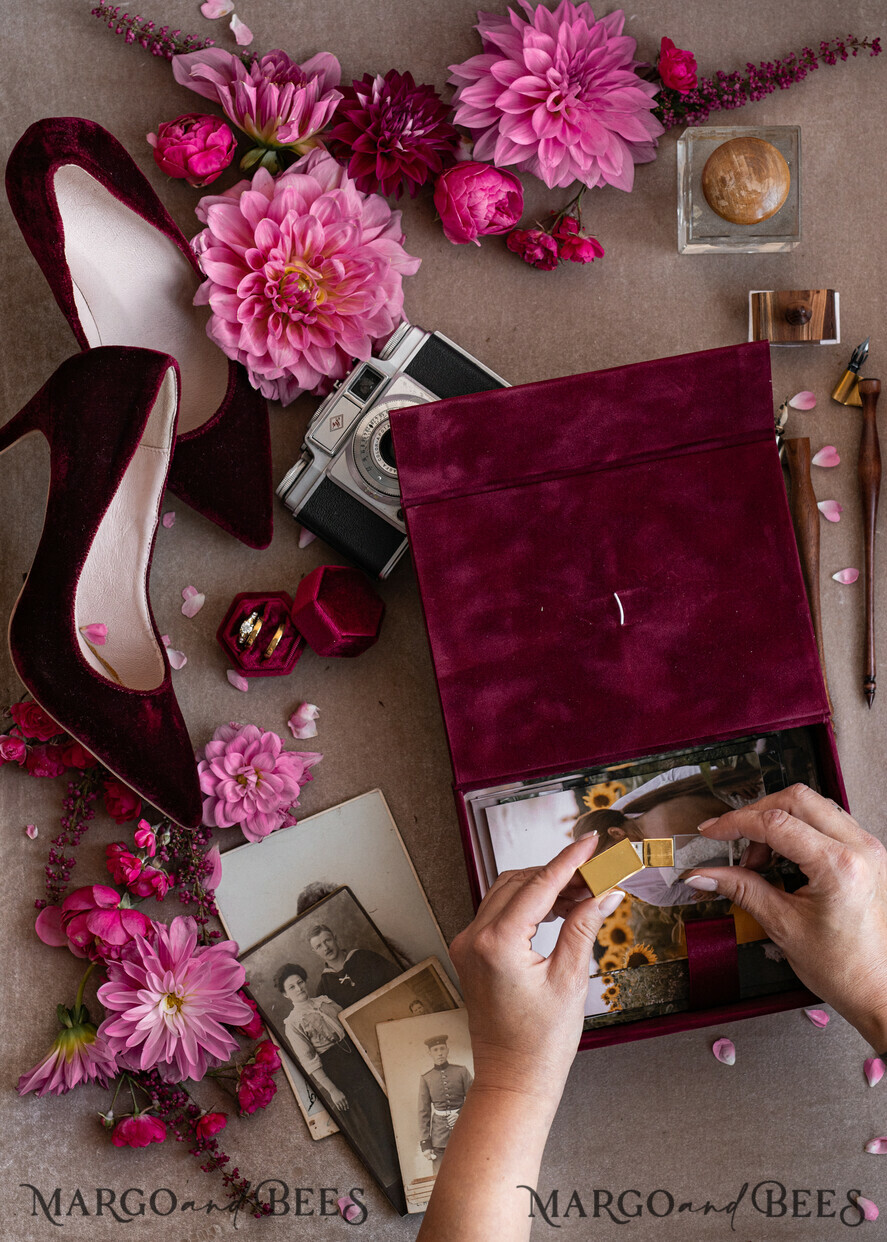 FOTOALBUM/ FOTOBOX Velvet Foto Box Fotografen Box Burgunder Samt Fotokiste, Kastanienbraune Fotografenbox, Marsala Gold Hochzeitsgedächtniskiste, Gold Spiegel maßgeschneiderte Andenkenschachtel, Fotografengeschenke für Kunden, Hochzeitsbilderverpackung, maßgeschneiderte Fotografie Kupferbox.