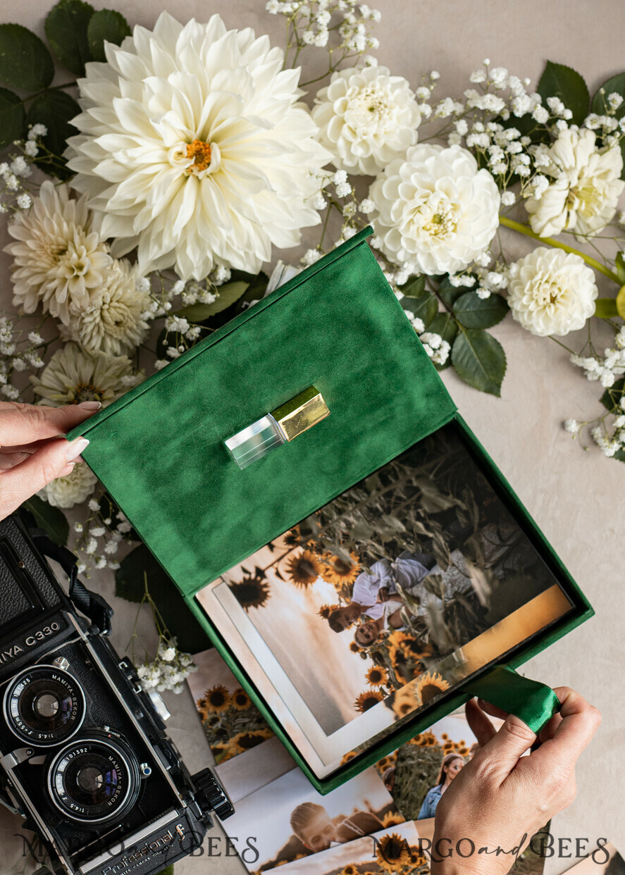 FOTOALBUM/ FOTOBOX Velvet Foto Box Fotografen Box Smaragdgrüne Samt-Fotobox Fotograf Hochzeit Erinnerungsbox, Grün Custom Andenkenbox, Garten Fotograf Geschenke für Kunden, Hochzeitsbilder Verpackung, Individuelle Fotografiebox