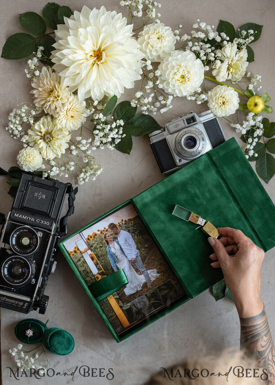 FOTOALBUM/ FOTOBOX Velvet Foto Box Fotografen Box Smaragdgrüne Samt-Fotobox Fotograf Hochzeit Erinnerungsbox, Grün Custom Andenkenbox, Garten Fotograf Geschenke für Kunden, Hochzeitsbilder Verpackung, Individuelle Fotografiebox