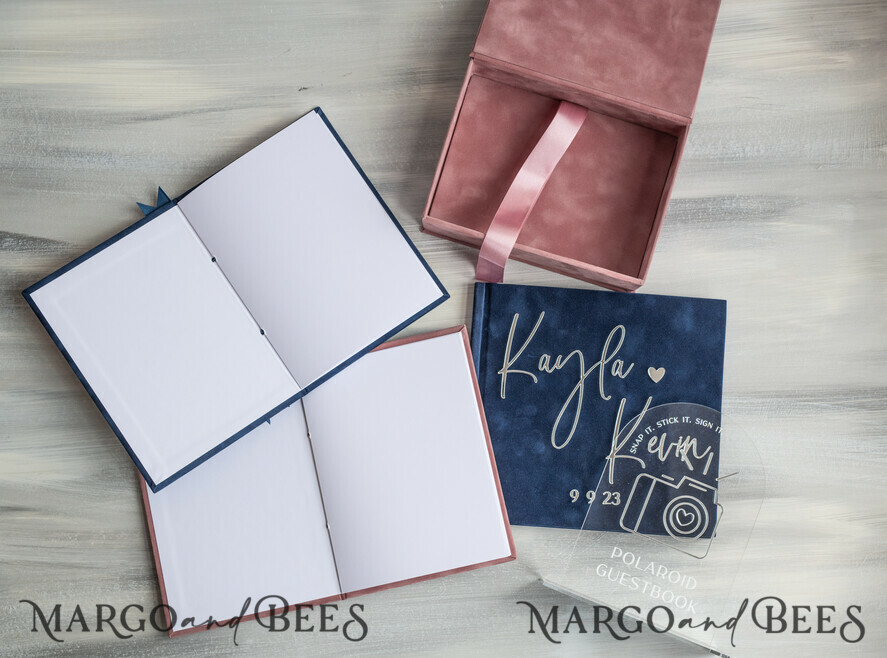 FOTOALBUM/ FOTOBOX Memory Bundle FotoBox Gustbücher Gelübde Marineblaues und Blush-Pink Samt-Bundle Hochzeitsgedächtnis-Set - Gästebuch & Schild, Seine und Ihre Hochzeitsgelübde, Fotobox für Bilder