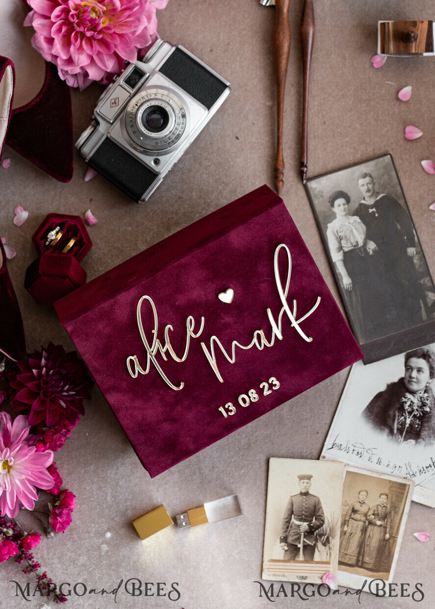 FOTOALBUM/ FOTOBOX Memory Bundle FotoBox Gustbücher Gelübde Bordeauxrotes Samt-Bündel Hochzeitsandenken-Set - Burgunder Samt Gästebuch & Schild, Herbst Masrala Goldene Fotobox für Bilder