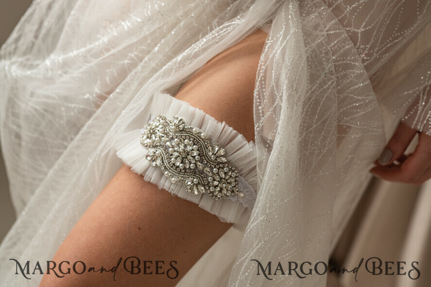 BRAUT Bolero, Kleider, Strumpfband STRUMPFBAND FÜR DIE BRAUT Hochzeitsstrumpfband-Set in der Box, Tüll- und Kristallstrumpfband-Set, Strumpfband für die Braut, Braut-Party-Geschenk für die Braut, elfenbeinfarbenes Tüllstrumpfband-Set, Geschenk für die Braut