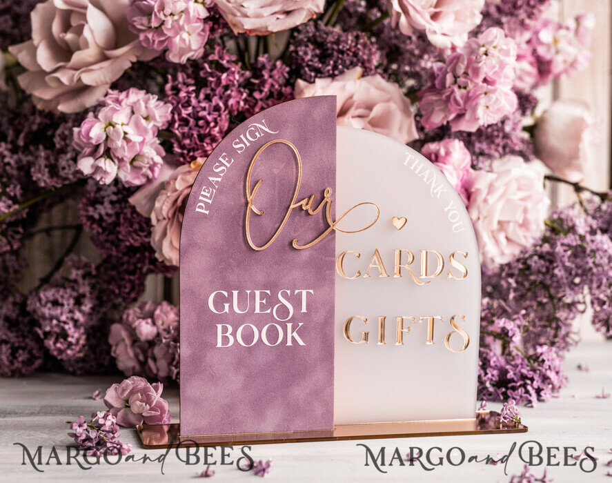 TISCHDEKORATIONSCHILDER   Gästebuch & Karten Geschenke Schilder Goldene Acryl Geschenke & Karten Schild mit Ständer, Mauve Samt und goldenes Gästebuch Schild, Gold Mauve Geschenke & Karten Schild, Luxus Hochzeits Gästebuch Dekor