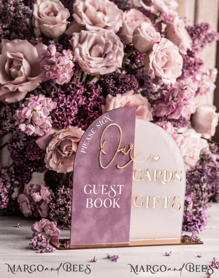TISCHDEKORATIONSCHILDER   Gästebuch & Karten Geschenke Schilder Goldene Acryl Geschenke & Karten Schild mit Ständer, Mauve Samt und goldenes Gästebuch Schild, Gold Mauve Geschenke & Karten Schild, Luxus Hochzeits Gästebuch Dekor
