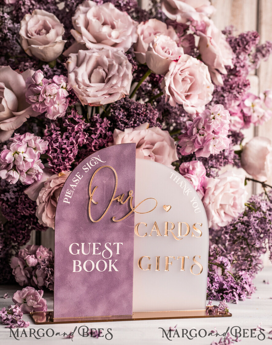 TISCHDEKORATIONSCHILDER   Gästebuch & Karten Geschenke Schilder Goldene Acryl Geschenke & Karten Schild mit Ständer, Mauve Samt und goldenes Gästebuch Schild, Gold Mauve Geschenke & Karten Schild, Luxus Hochzeits Gästebuch Dekor