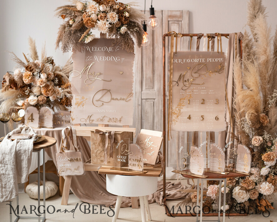 TISCHDEKORATIONSCHILDER   Gästebuch & Karten Geschenke Schilder Transparente Acrylkarten & Geschenke-Schild, Halb-Bogen Beige Ombre Acryl und Gold-Schild, Nude Gold Plexi-Schild, Taupe Luxus Hochzeits Tischdekoration, Hochzeitsschild Goldener Spiegel Karten-Schild mit Ständer