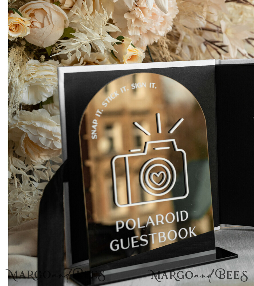 TISCHDEKORATIONSCHILDER   Gästebuch & Karten Geschenke Schilder Glänzend schwarzes Acrylschild Unser Gästebuch Schild, Bogen Instax Gästebuch Schild, Schwarzes Plexi Fotobuch Schild Unser Gästebuch, Hochzeitsbeschilderung Polaroid Gästebuch Schild mit Ständer