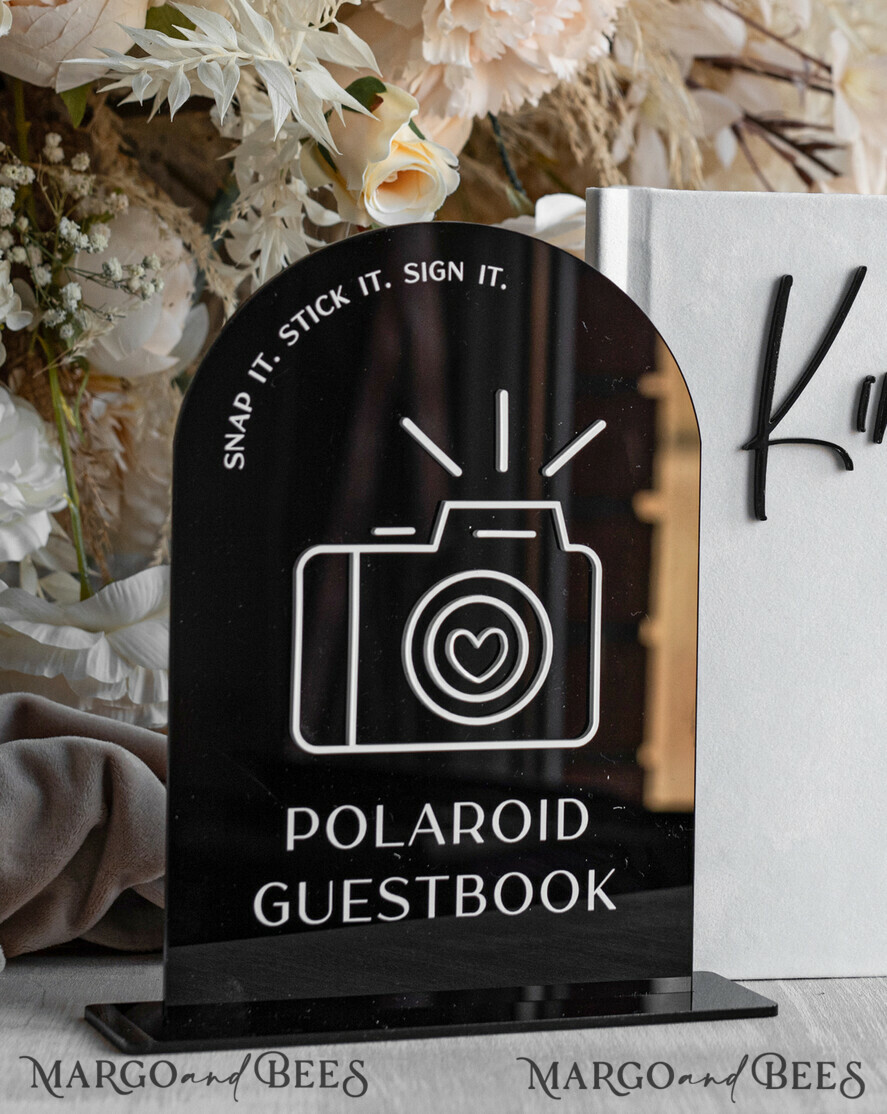 TISCHDEKORATIONSCHILDER   Gästebuch & Karten Geschenke Schilder Glänzend schwarzes Acrylschild Unser Gästebuch Schild, Bogen Instax Gästebuch Schild, Schwarzes Plexi Fotobuch Schild Unser Gästebuch, Hochzeitsbeschilderung Polaroid Gästebuch Schild mit Ständer