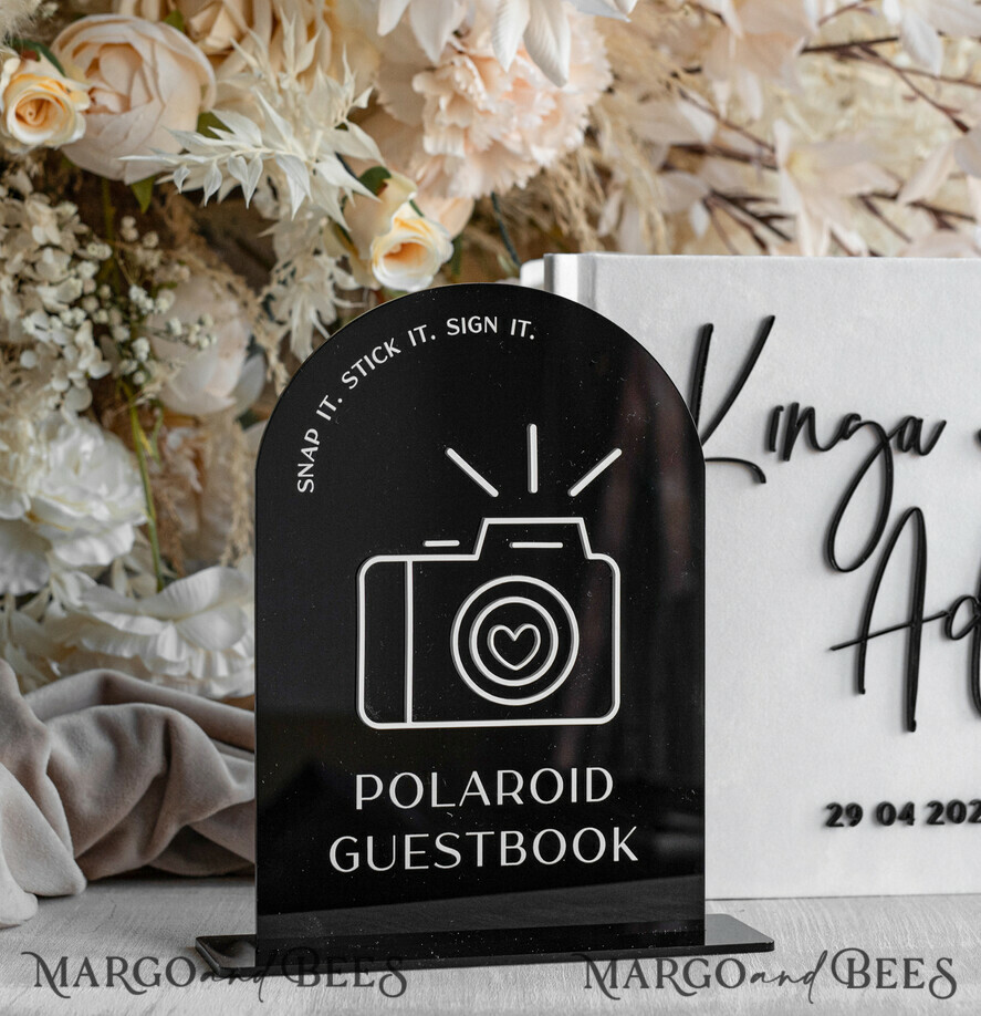 TISCHDEKORATIONSCHILDER   Gästebuch & Karten Geschenke Schilder Glänzend schwarzes Acrylschild Unser Gästebuch Schild, Bogen Instax Gästebuch Schild, Schwarzes Plexi Fotobuch Schild Unser Gästebuch, Hochzeitsbeschilderung Polaroid Gästebuch Schild mit Ständer