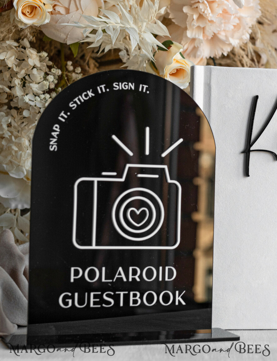 TISCHDEKORATIONSCHILDER   Gästebuch & Karten Geschenke Schilder Glänzend schwarzes Acrylschild Unser Gästebuch Schild, Bogen Instax Gästebuch Schild, Schwarzes Plexi Fotobuch Schild Unser Gästebuch, Hochzeitsbeschilderung Polaroid Gästebuch Schild mit Ständer