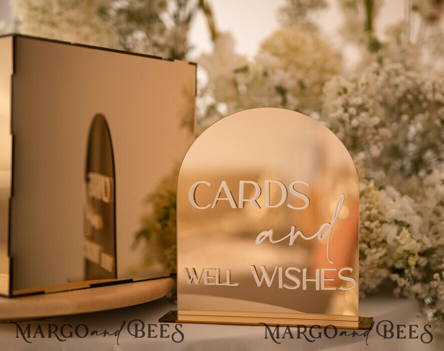 TISCHDEKORATIONSCHILDER   Gästebuch & Karten Geschenke Schilder Acrylbogenkarten und Wünsche-Schild, goldenes Acrylschild, Gold-Plexi-Schild, luxuriöse Hochzeits-Tischdeko, personalisierte Hochzeitsbeschilderung goldene Spiegelkarten-Schild