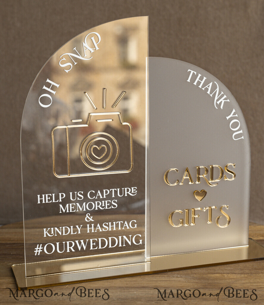 TISCHDEKORATIONSCHILDER   Gästebuch & Karten Geschenke Schilder Acrylbogen Oh Snap & Karten und Geschenke Schild Kombi, Klarer goldener Spiegel Hochzeits-Hashtag und Dankes-Schild im Bulk, Gold Plexi Kartenbox-Schild und Tag Us In That Set, Hochzeits-Tischdekor Beschilderung.