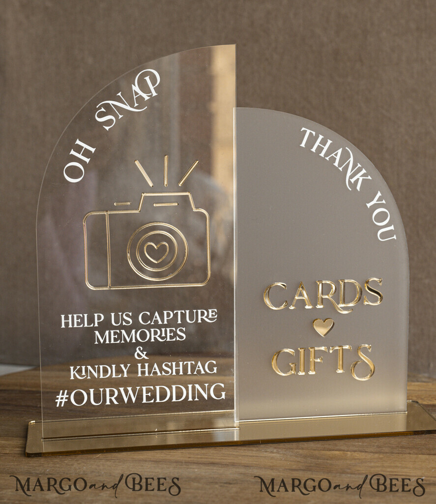 TISCHDEKORATIONSCHILDER   Gästebuch & Karten Geschenke Schilder Acrylbogen Oh Snap & Karten und Geschenke Schild Kombi, Klarer goldener Spiegel Hochzeits-Hashtag und Dankes-Schild im Bulk, Gold Plexi Kartenbox-Schild und Tag Us In That Set, Hochzeits-Tischdekor Beschilderung.