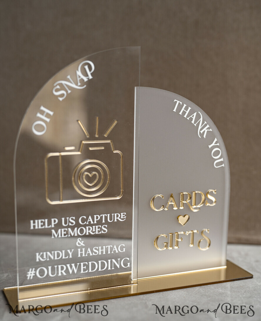 TISCHDEKORATIONSCHILDER   Gästebuch & Karten Geschenke Schilder Acrylbogen Oh Snap & Karten und Geschenke Schild Kombi, Klarer goldener Spiegel Hochzeits-Hashtag und Dankes-Schild im Bulk, Gold Plexi Kartenbox-Schild und Tag Us In That Set, Hochzeits-Tischdekor Beschilderung.