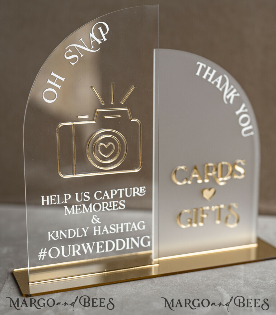 TISCHDEKORATIONSCHILDER   Gästebuch & Karten Geschenke Schilder Acrylbogen Oh Snap & Karten und Geschenke Schild Kombi, Klarer goldener Spiegel Hochzeits-Hashtag und Dankes-Schild im Bulk, Gold Plexi Kartenbox-Schild und Tag Us In That Set, Hochzeits-Tischdekor Beschilderung.