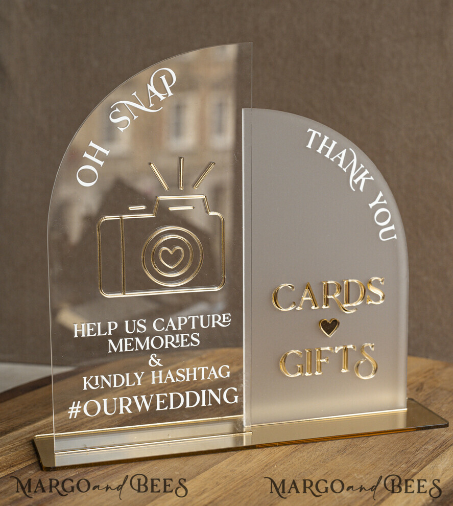 TISCHDEKORATIONSCHILDER   Gästebuch & Karten Geschenke Schilder Acrylbogen Oh Snap & Karten und Geschenke Schild Kombi, Klarer goldener Spiegel Hochzeits-Hashtag und Dankes-Schild im Bulk, Gold Plexi Kartenbox-Schild und Tag Us In That Set, Hochzeits-Tischdekor Beschilderung.